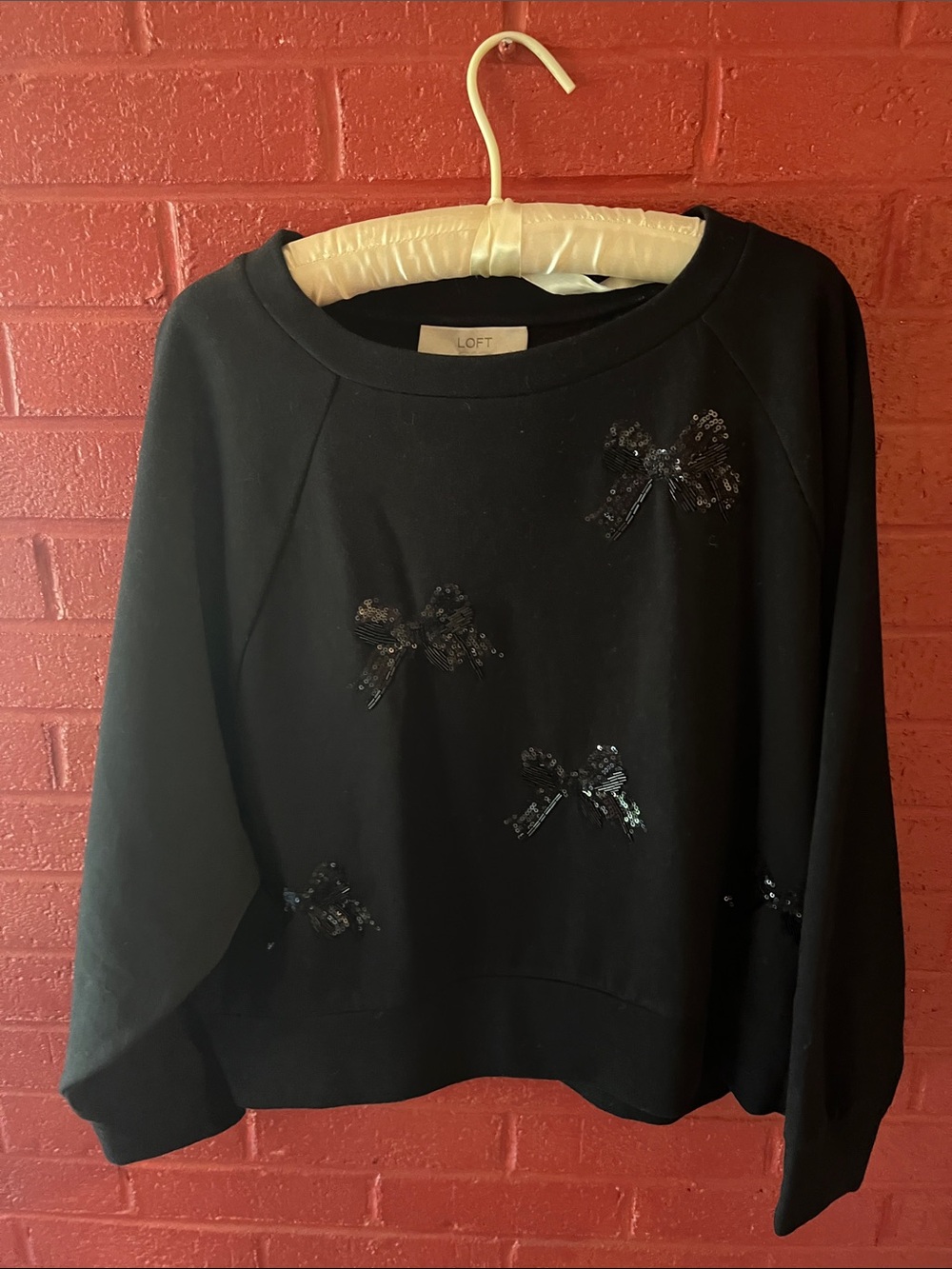 LOFT Black Sequin Bow Pullover Sweatshirt